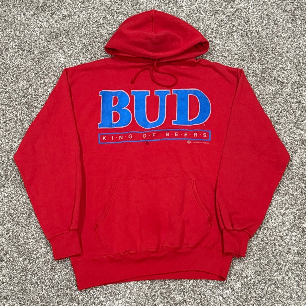 Vintage 1988 Budweiser King of Beers Red Hoodie Jerzees Made in USA Mens Large